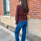Lace Trim Sheer Chiffon Ruffle V-Neck Blouse In Brown