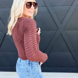 Round Neck Wavy Crop Sweater With Long Sleeve In Brown