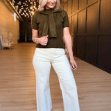 Remi Short-Sleeve Faux-Layered Knit Sweater In Olive