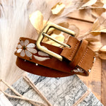 Embroidered Floral Print Vegan Leather Belt In Light Brown - Infinity Raine
