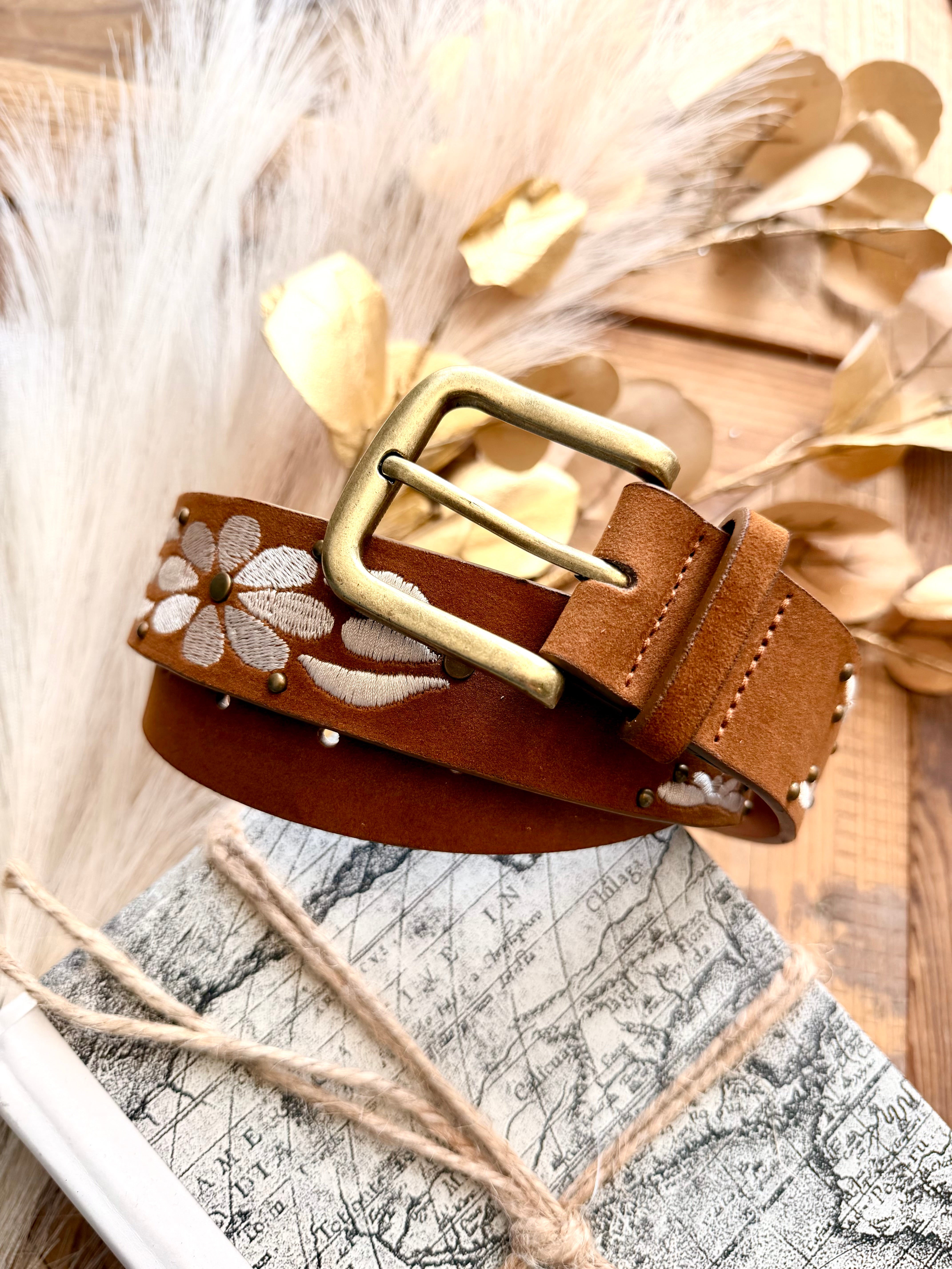 Embroidered Floral Print Vegan Leather Belt In Light Brown - Infinity Raine