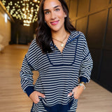 Half Zip Stripe Contrast Trim Long Sleeve Knit Top In Navy