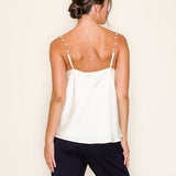 Pearl Chain Strap Satin Cowl Neck Cami Top In Off White