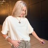 Lightweight Exposed Seam Short Sleeve Crop Sweater In Ivory