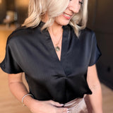 Drop Shoulder Blouse in Crinkle Satin In Black