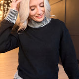 The Stacey Contrast Rib Sweater In Black Ivory