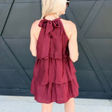 Tiered Texture Halter Mini Dress In Burgundy