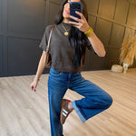 Crewneck Short Sleeve Rib Hem Pullover Sweater In Cocoa - Infinity Raine