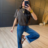 Crewneck Short Sleeve Rib Hem Pullover Sweater In Cocoa - Infinity Raine
