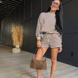 Striped Boxy Long Sleeve Contract Knit Top In Brown Multi