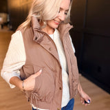 Wave Quilted Snap-Front Stand Collar Vest In Mocha