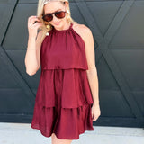 Tiered Texture Halter Mini Dress In Burgundy