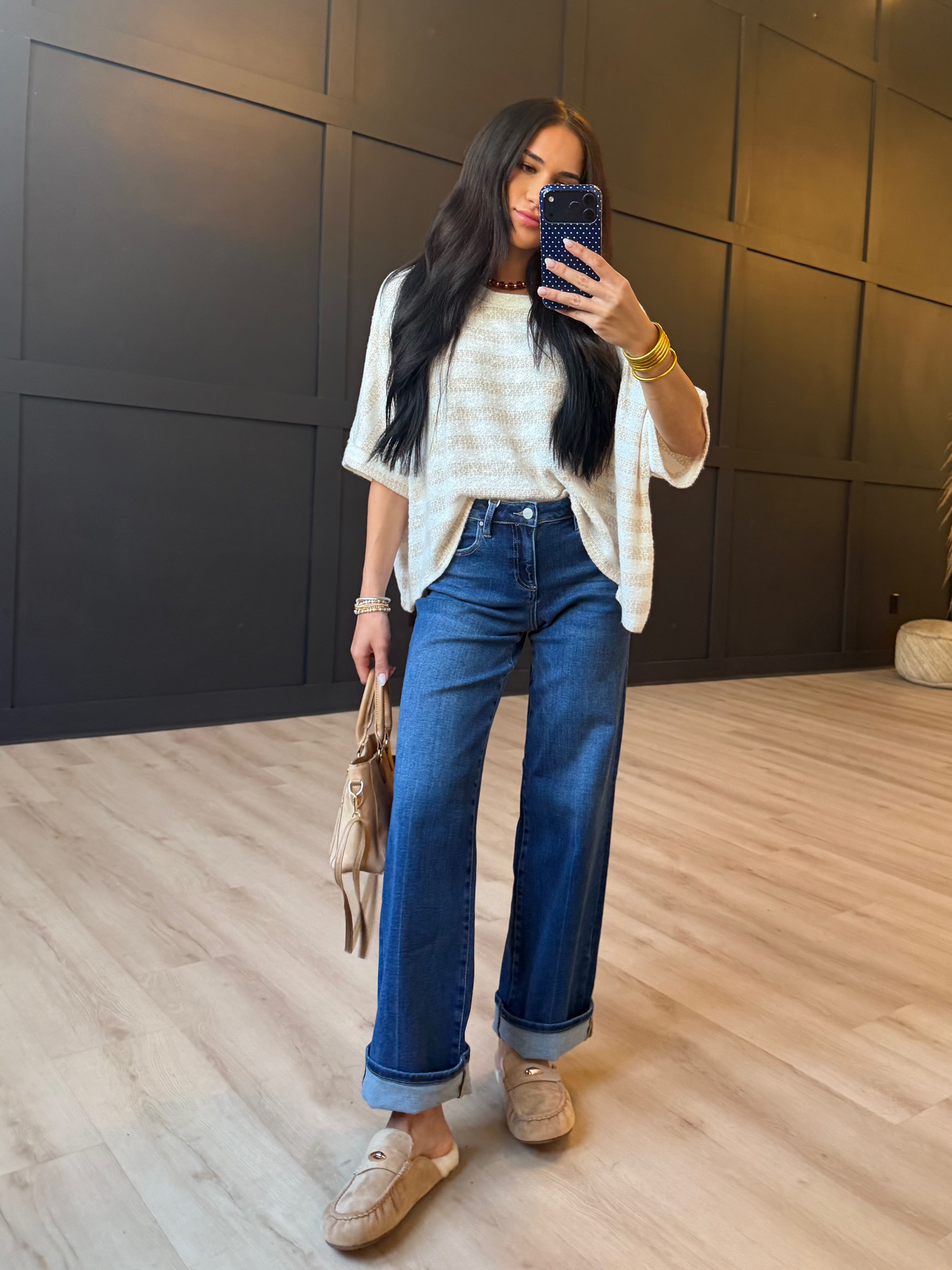 Billie Stripe Brushed Dolman Top In Cream Taupe - Infinity Raine