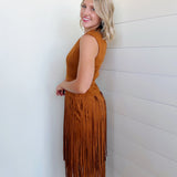 Suede V-Neck Fringe Tiered Dress In Camel