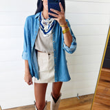 Collared Pearl Snap Western Denim Shacket