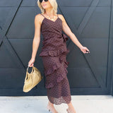 Surplice Neck Cascading Ruffle Polka Dot Dress In Chocolate