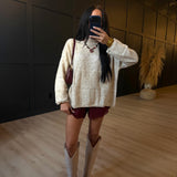 Heathered Checkered Texture Long Sleeve Sweater In Oatmeal