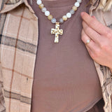 Hammered Cross Pendant Beaded Statement Necklace