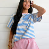 Stripe Looks Contrast Drop Shoulder Loose Tee In Skye Blue