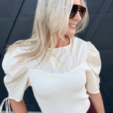 Clio Mixed Media Shirred Sleeve Top In Eggshell