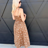 Floral Eyelet Tie Front Corset Midi Dress In Brown