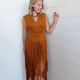 Suede V-Neck Fringe Tiered Dress In Camel