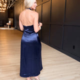 Knot Halter Neck Satin Midi Dress In Navy
