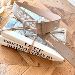 Embroidered Floral Print Vegan Leather Belt In Khaki - Infinity Raine