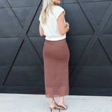 High-Waist Polka Dot Mesh Midi Skirt in Brown