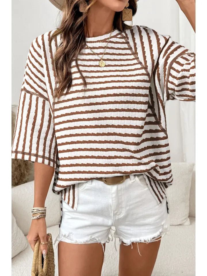 Stripe Textured Knit Split Hem Half Sleeve Top In Brown - Infinity Raine