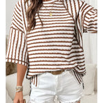 Stripe Textured Knit Split Hem Half Sleeve Top In Brown - Infinity Raine