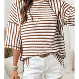 Stripe Textured Knit Split Hem Half Sleeve Top In Brown - Infinity Raine