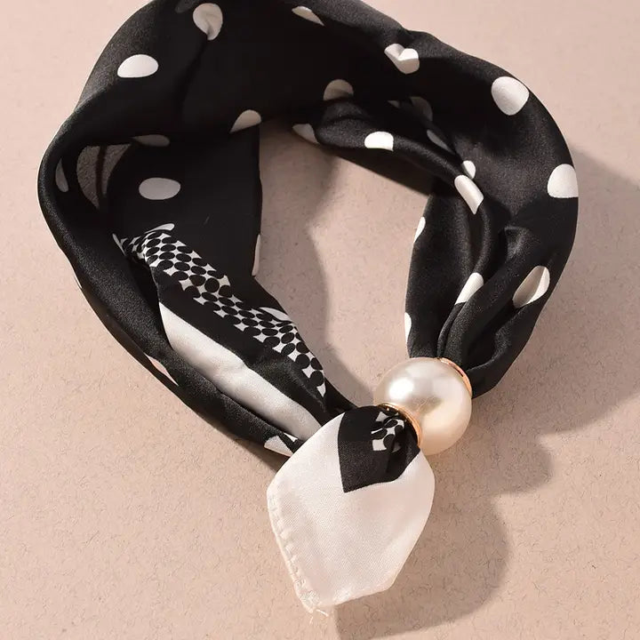 Polka Dot Scarf Necklace with Pearl Accent In Black - Infinity Raine
