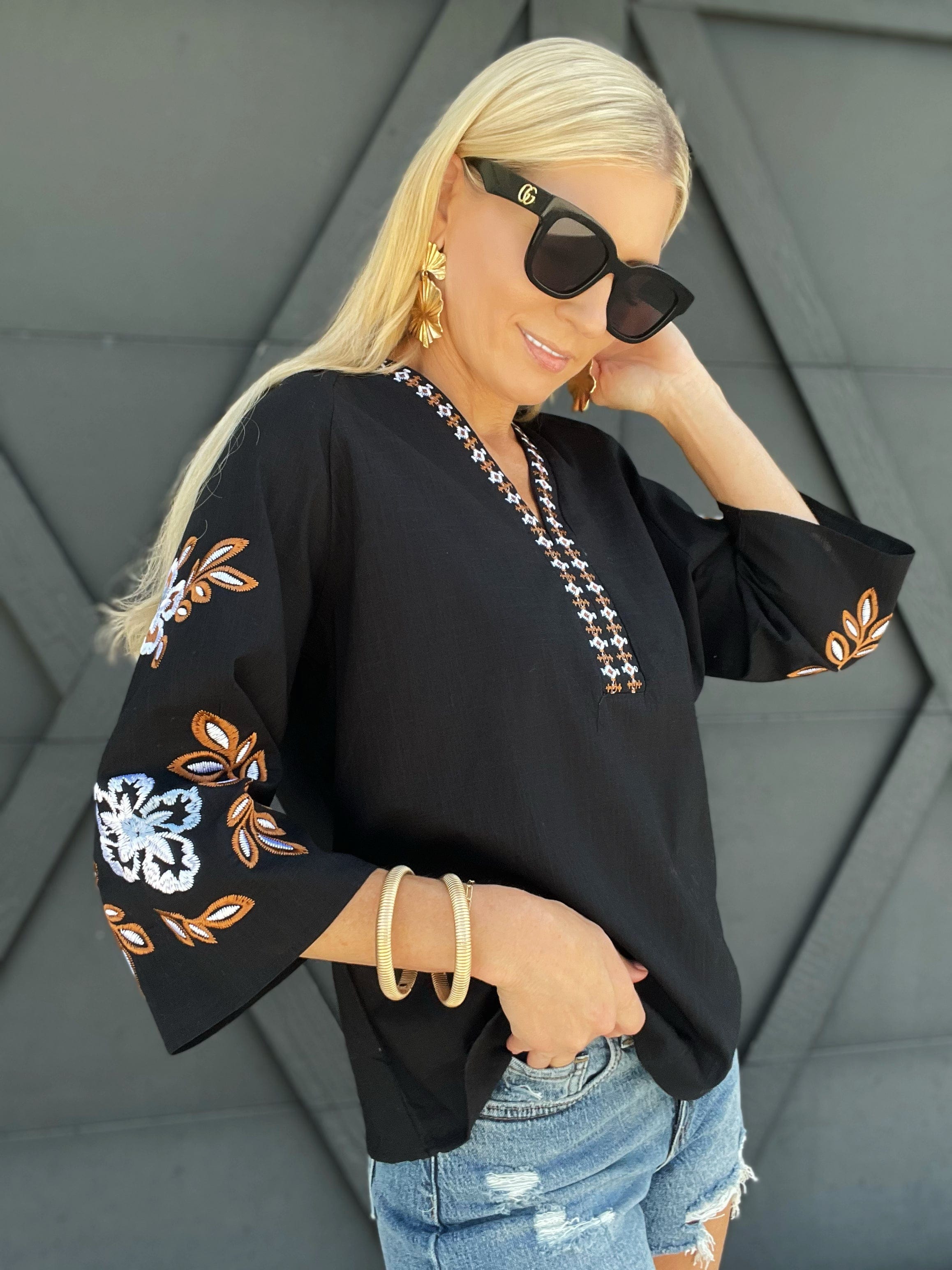 Aapparella Tops - Blouses Bohemian Floral Embroidered Blouse In Black