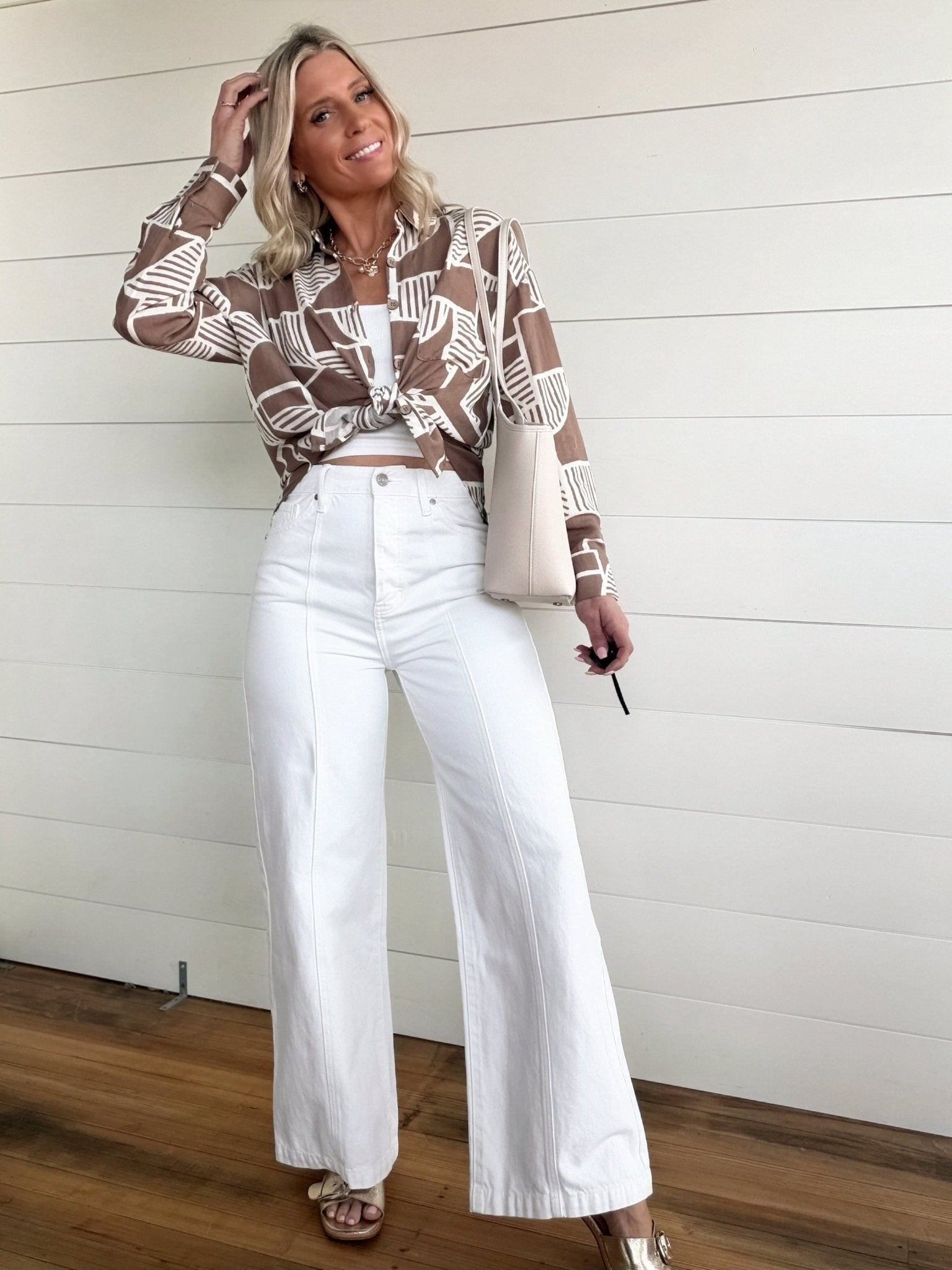Abstract Print Button Down Top In Mocha - Infinity Raine