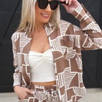Abstract Print Button Down Top In Mocha - Infinity Raine