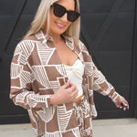 Abstract Print Drawstring Shorts In Mocha - Infinity Raine
