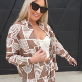 Abstract Print Drawstring Shorts In Mocha - Infinity Raine