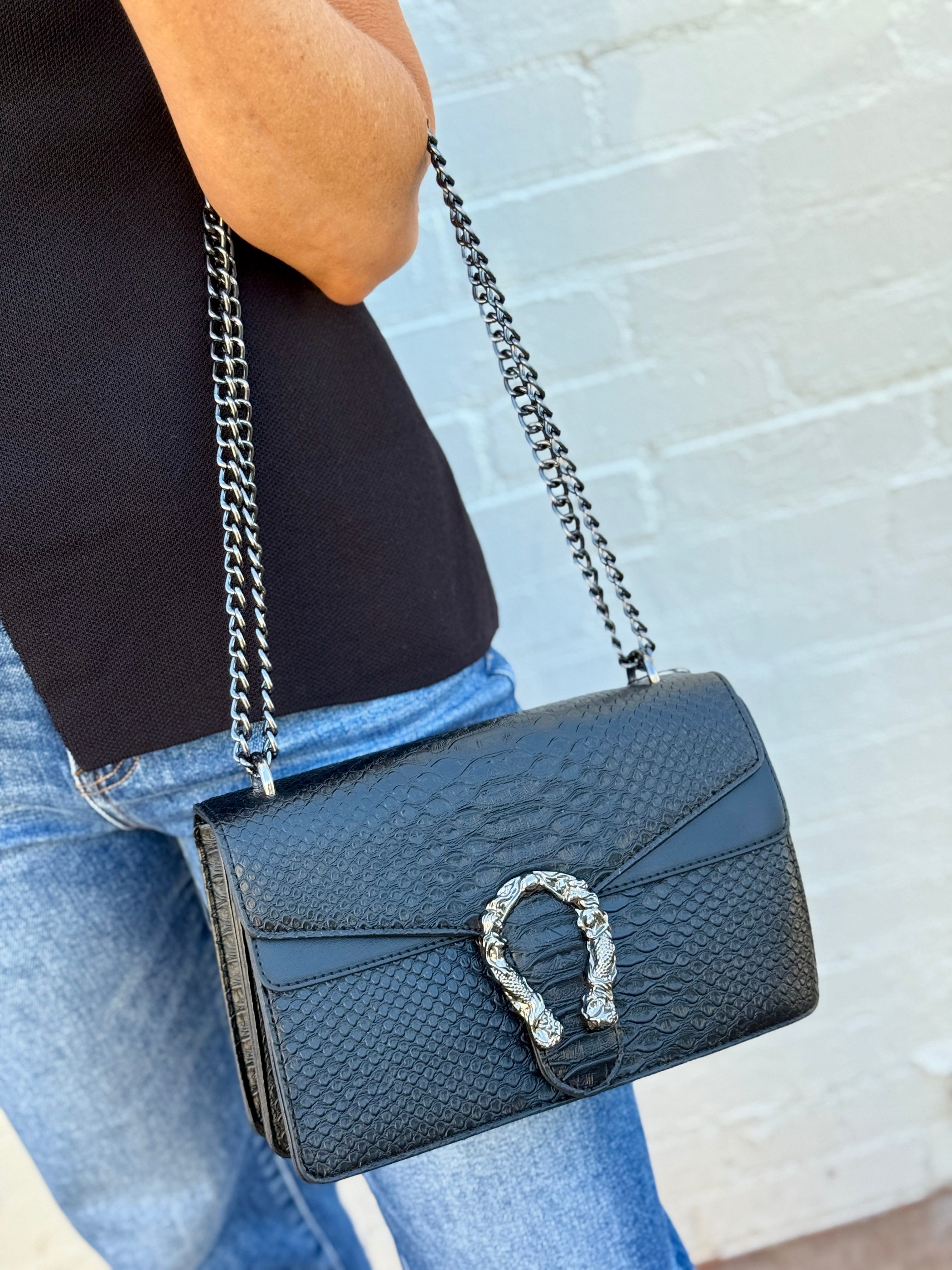 Faux Leather Chain Crossbody In Black - Infinity Raine