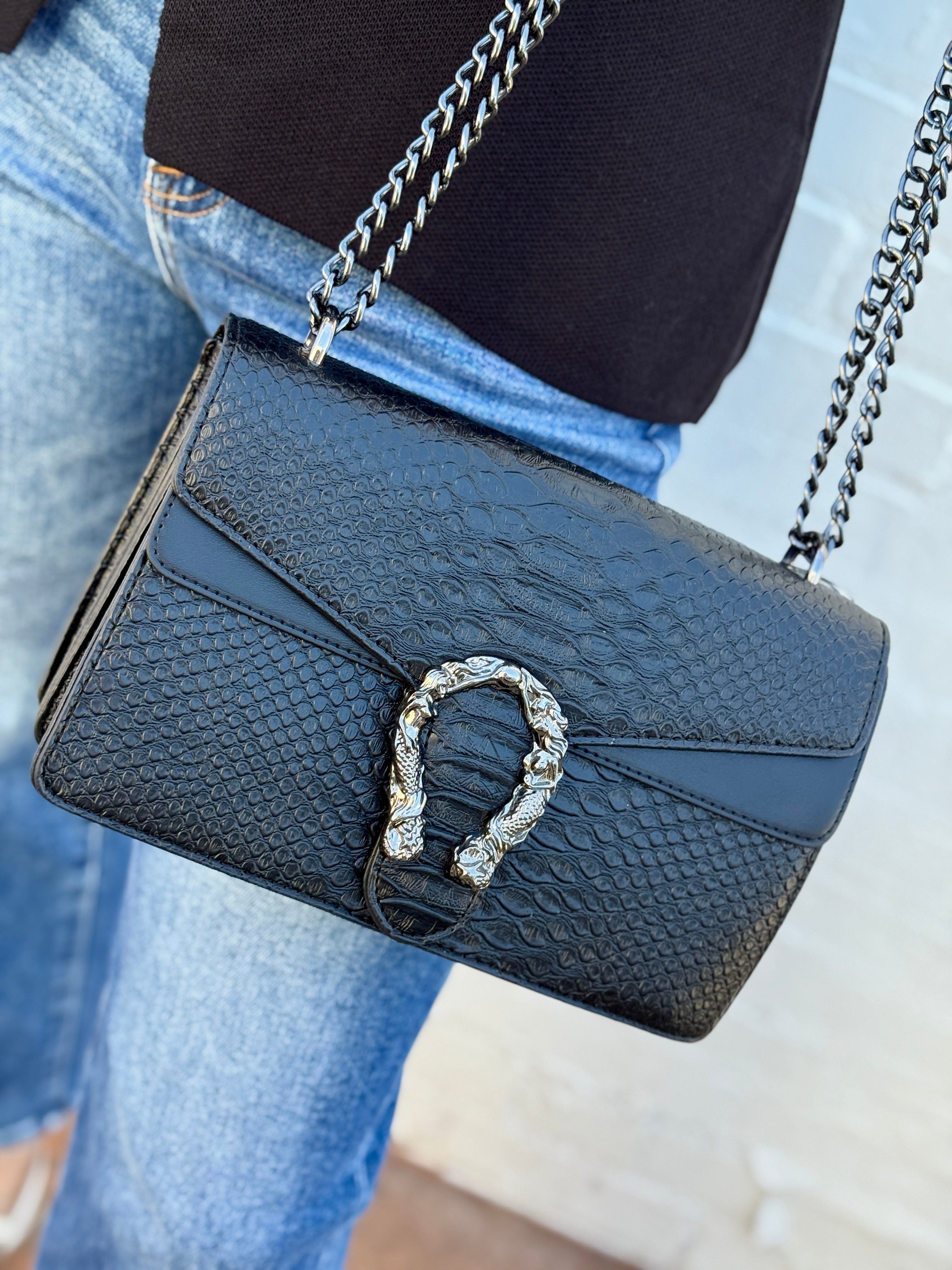 Faux Leather Chain Crossbody In Black - Infinity Raine