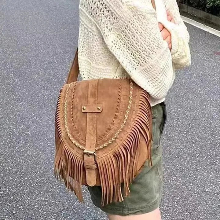 Faux Suede Tassel Crossbody Bag In Brown - Infinity Raine