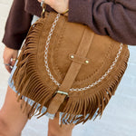 Faux Suede Tassel Crossbody Bag In Brown - Infinity Raine