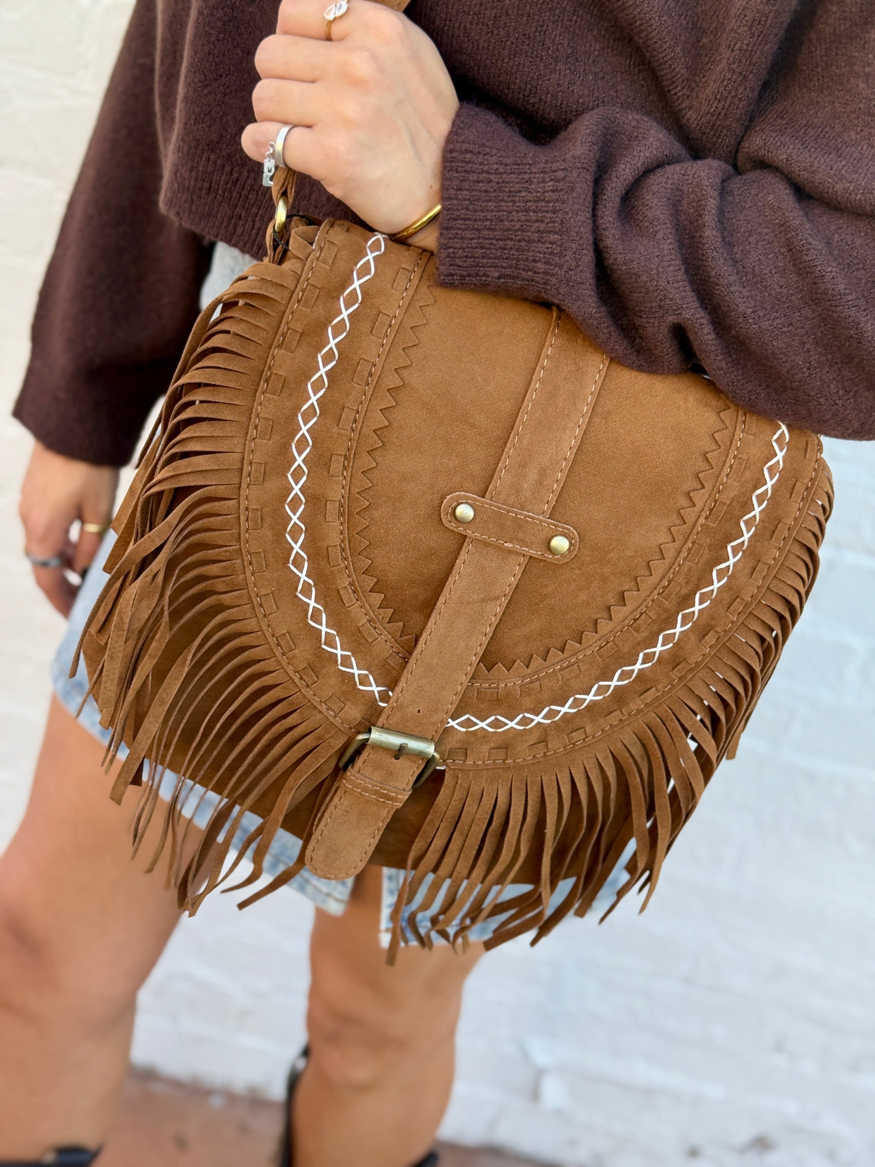 Faux Suede Tassel Crossbody Bag In Brown - Infinity Raine