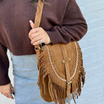Faux Suede Tassel Crossbody Bag In Brown - Infinity Raine