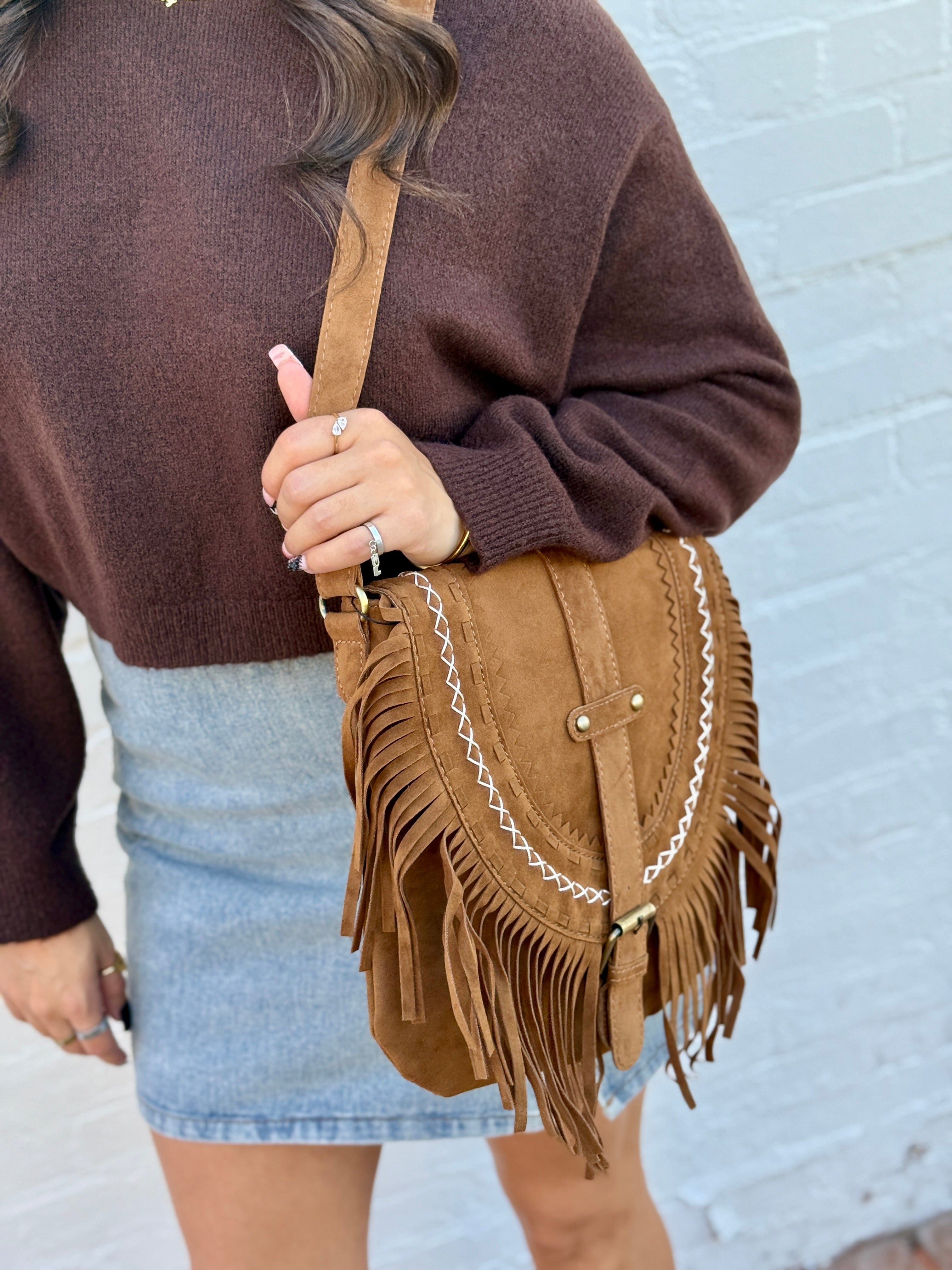 Faux Suede Tassel Crossbody Bag In Brown - Infinity Raine
