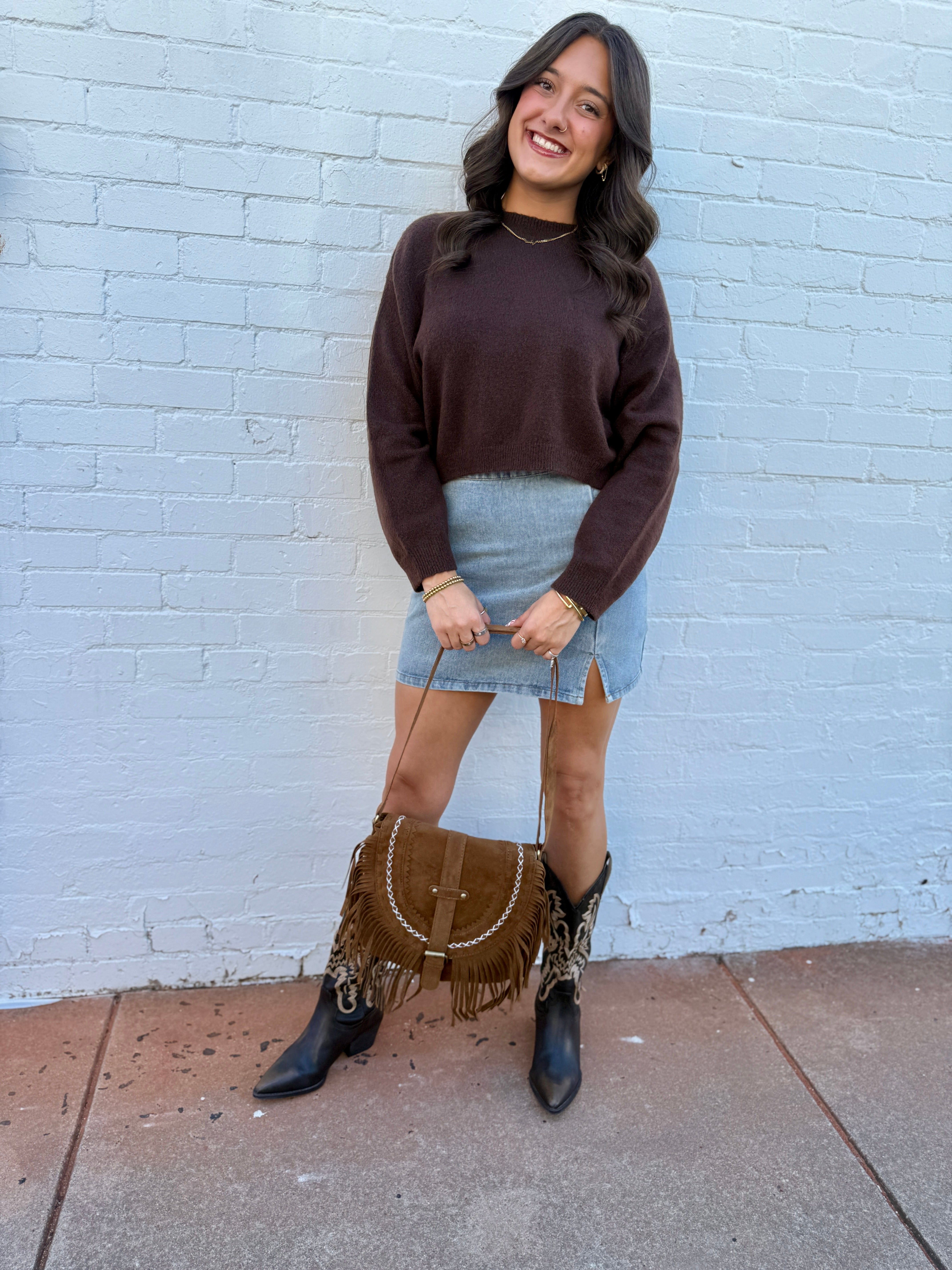 Faux Suede Tassel Crossbody Bag In Brown - Infinity Raine