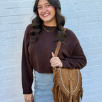 Faux Suede Tassel Crossbody Bag In Brown - Infinity Raine