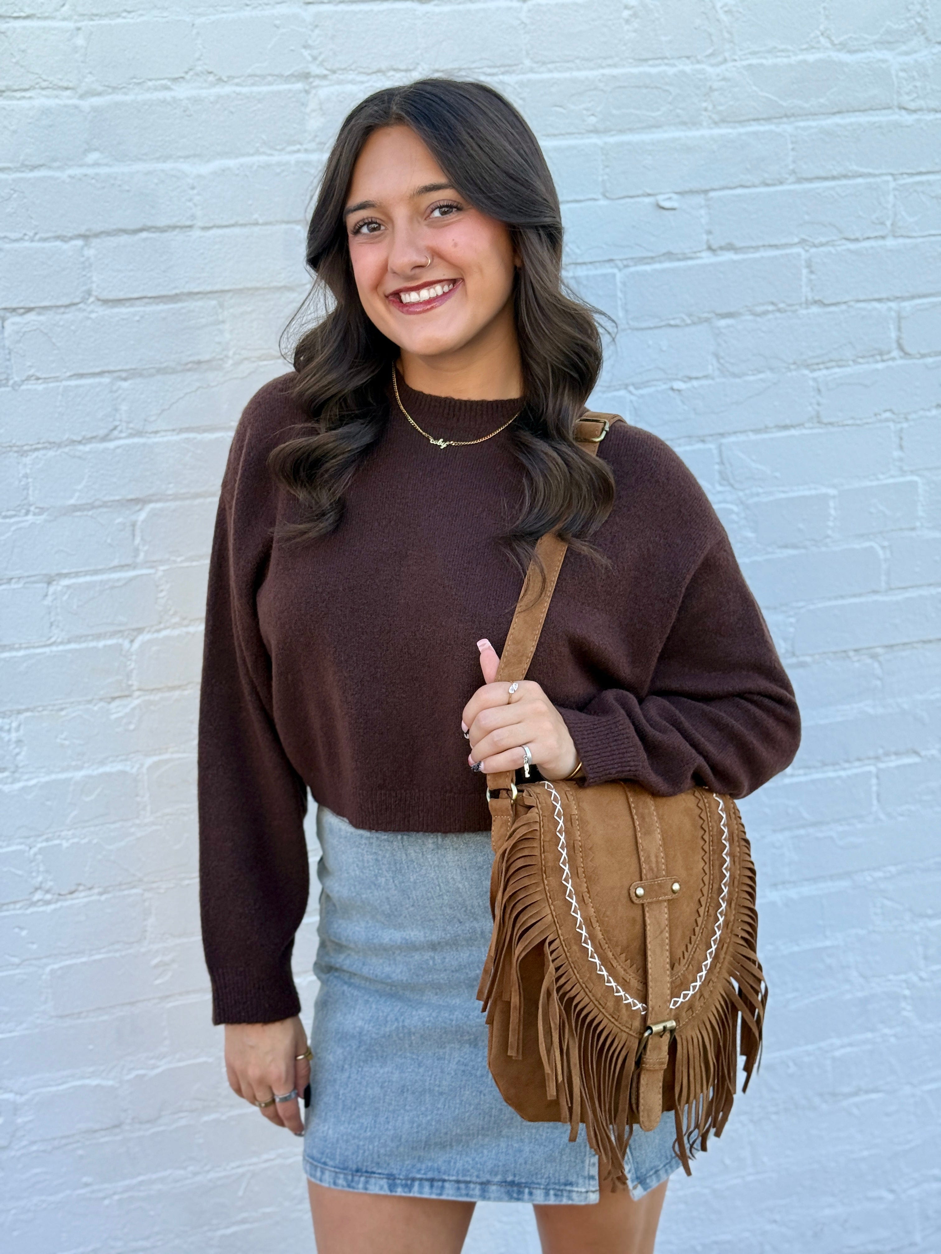 Faux Suede Tassel Crossbody Bag In Brown - Infinity Raine