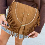 Faux Suede Tassel Crossbody Bag In Brown - Infinity Raine