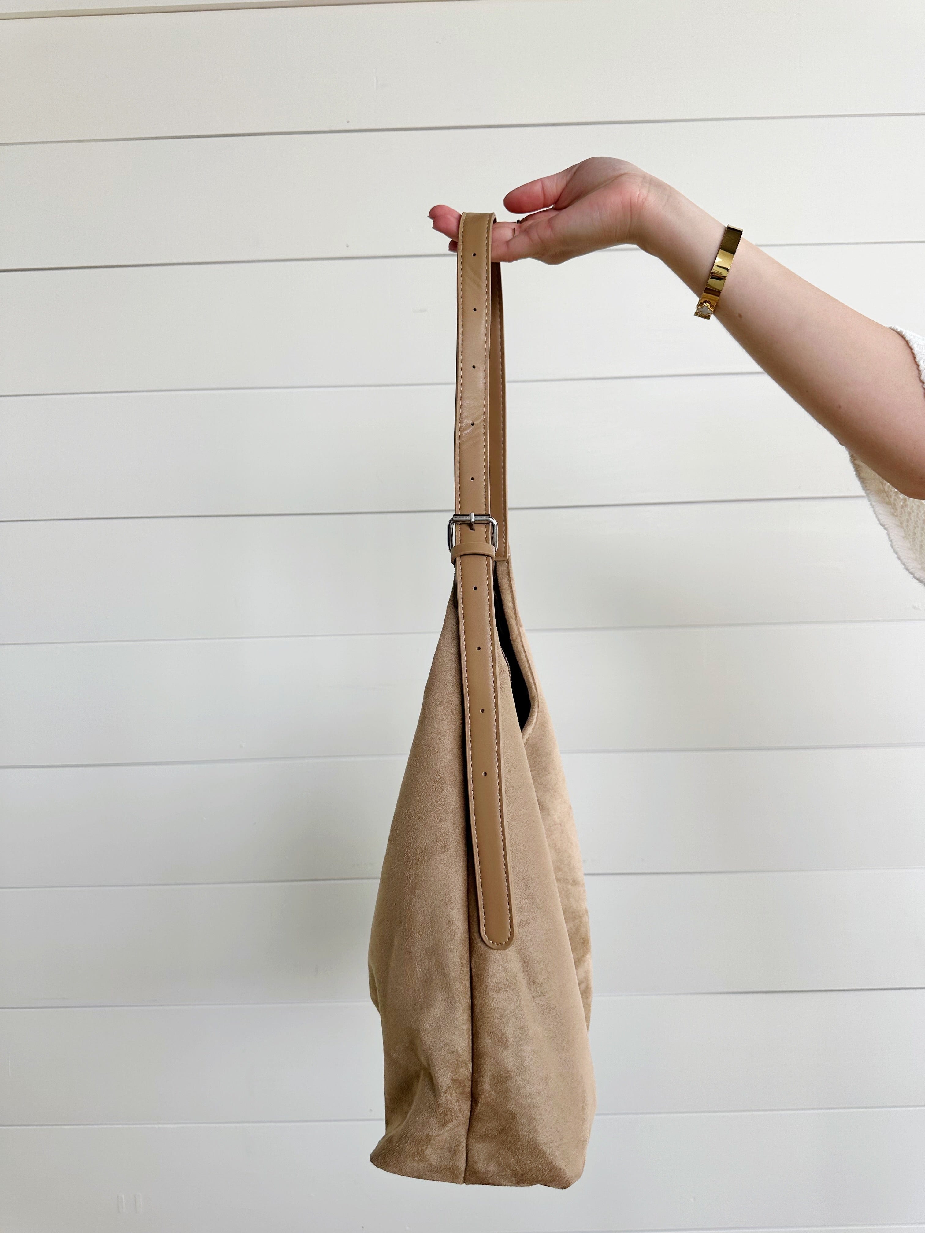 Slouchy Suede Saddle Bag In Taupe - Infinity Raine